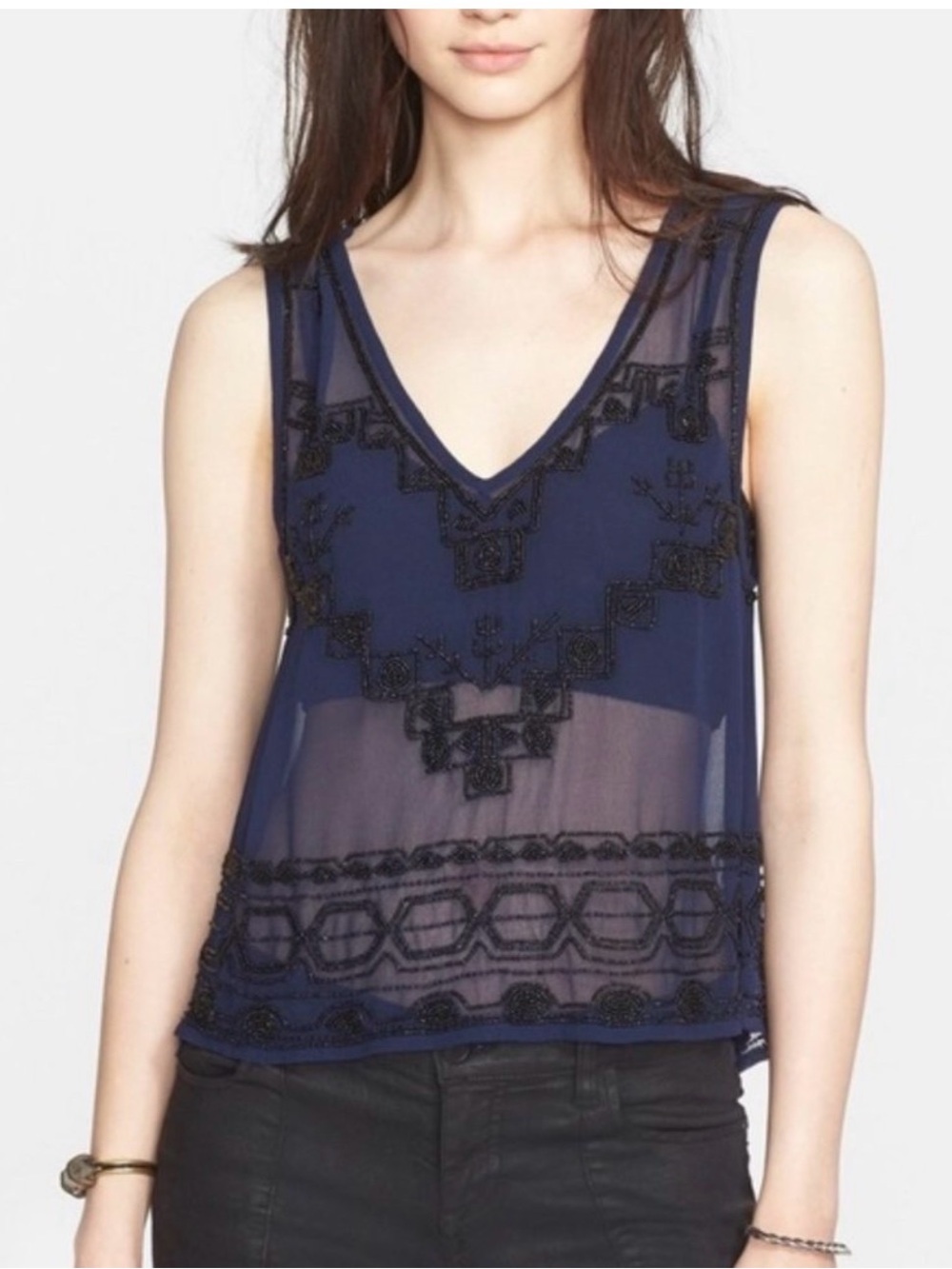 Free People Navy Sheer Tunic with Beaded Accents